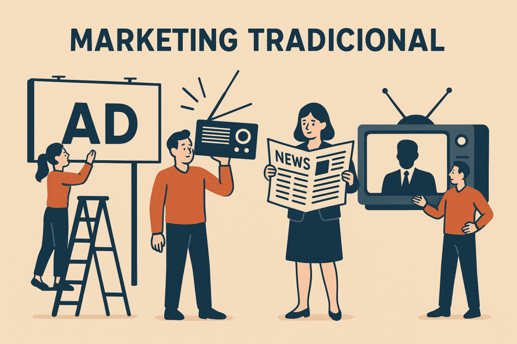 4 pessoas do marketing com anúncios na mão afzendo estratégia