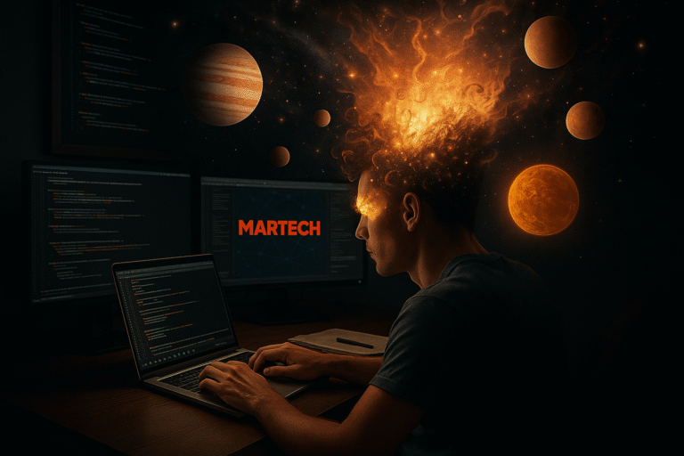 Homem programando em um notebook em frente a múltiplos monitores, com a palavra Martech em destaque na tela. Da sua mente surgem explosões de energia e planetas em órbita, simbolizando a fusão entre marketing e tecnologia.