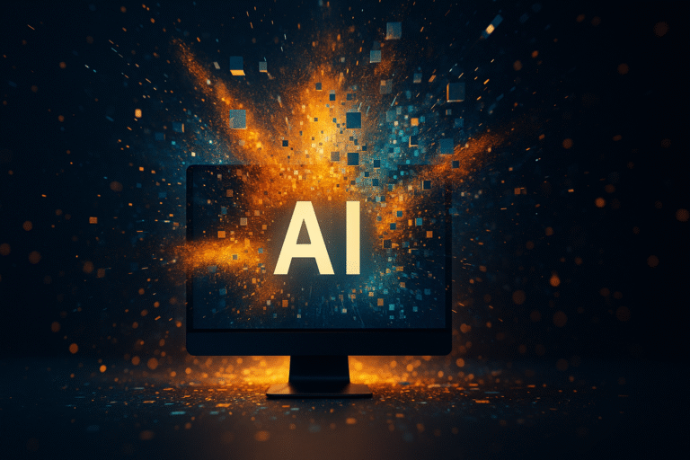 Tela de computador com as letras ‘AI’ no centro, emitindo uma explosão de partículas digitais em tons de laranja e azul, representando o boom da inteligência artificial de forma realista e impactante.