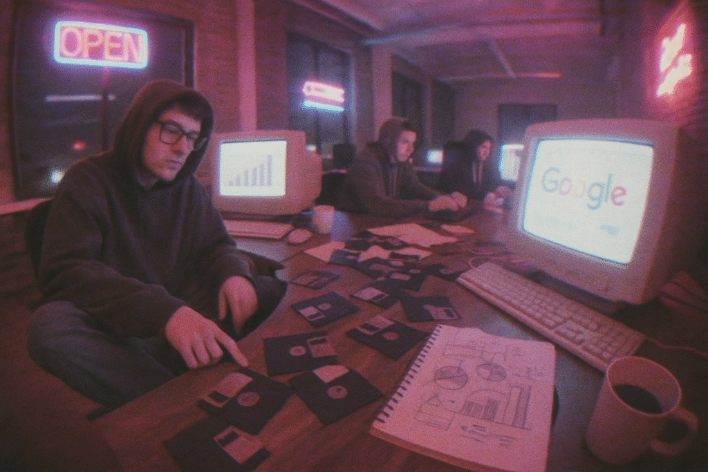 Foto em estilo lo-fi e VHS mostrando um grupo de jovens em um escritório noturno iluminado por luzes de neon rosa e roxo. Três pessoas de moletom com capuz trabalham em frente a computadores antigos CRT; em uma das telas aparece o logotipo do Google e em outra um gráfico de barras. Sobre a mesa há vários disquetes, um caderno com desenhos de gráficos e uma xícara de café, transmitindo a atmosfera nostálgica dos primórdios da tecnologia e do marketing digital