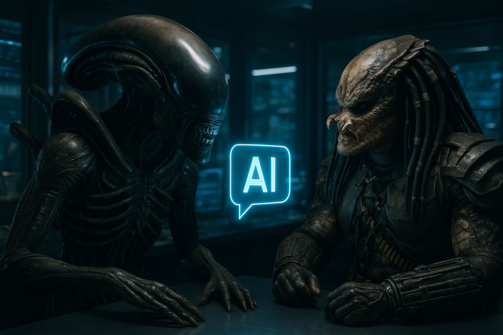 Representação futurista de duas criaturas alienígenas em uma mesa, com um balão digital iluminado exibindo as letras AI, simbolizando um diálogo sobre inteligência artificial.
